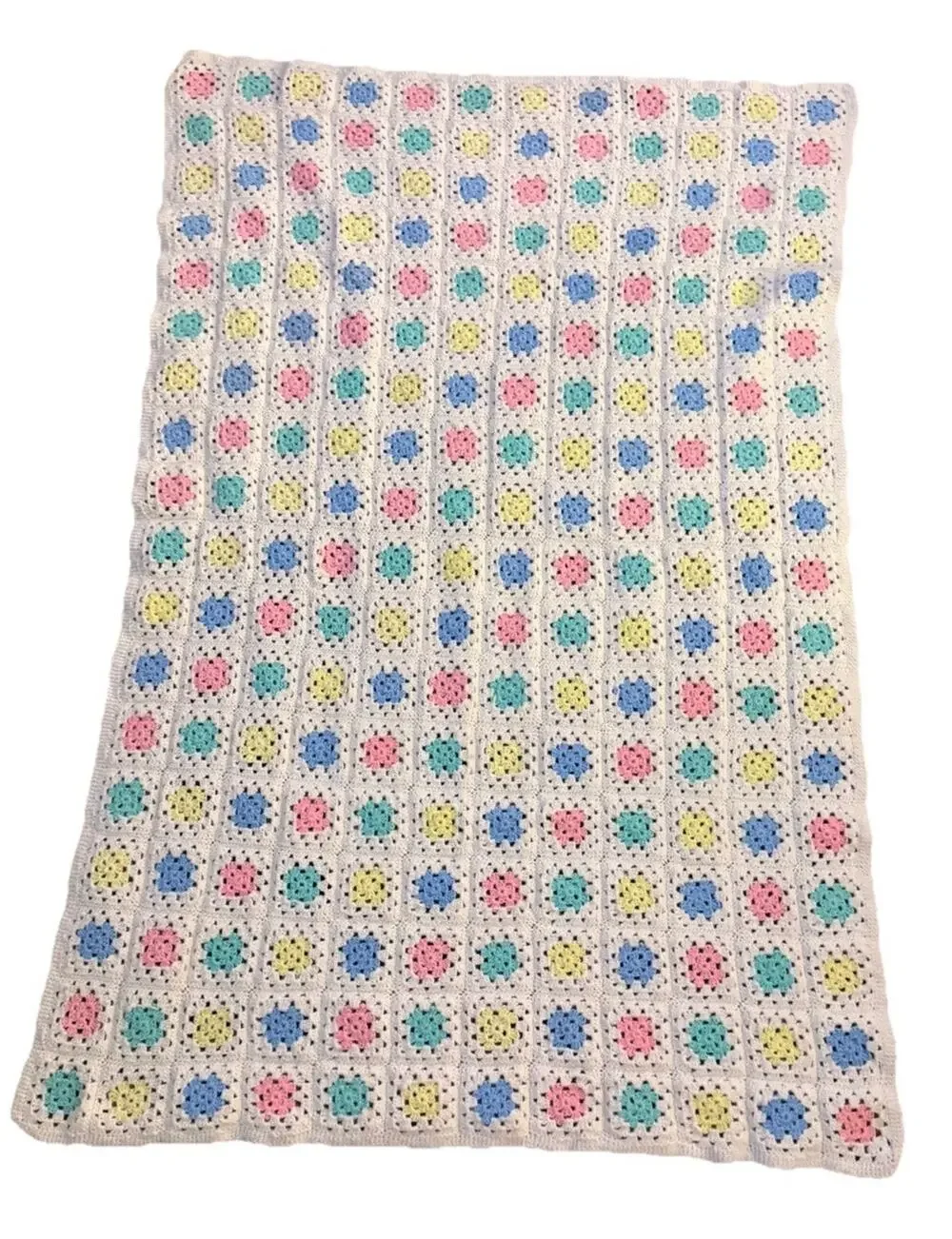 Vintage Crochet Granny Square Afghan Floral Colorful Cottagecore Farmhouse 37x56